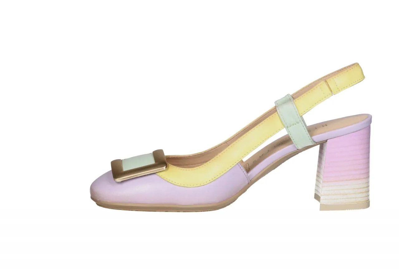 ZAPATO TALóN ABIERTO PIEL LILAAMARILLOVERDE AGUA PALA ESLABON TACóN ALTO